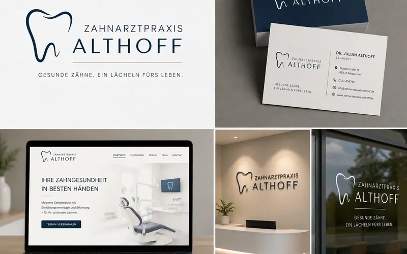 Markenauftritt Zahnarztpraxis Althoff: Logo, Visitenkarten, Website und Empfangsbereich der Praxis
