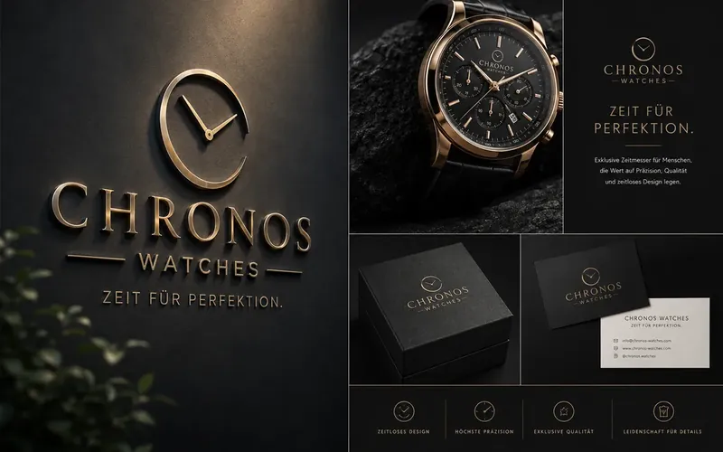 Markenauftritt Chronos Watches: goldenes Logo, Chronograph, Verpackung und Visitenkarten in dunkler Bildwelt