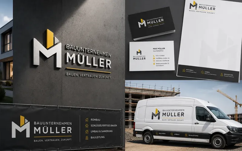 Markenauftritt Bauunternehmen Müller: Logo an der Fassade, Geschäftsausstattung, Bauzaunbanner und Fahrzeugbeschriftung